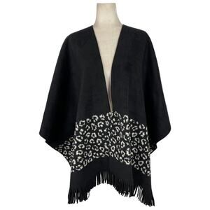 Rachel Roy Fleece Reversible Poncho Black & Ivory Leopard/Solid Black